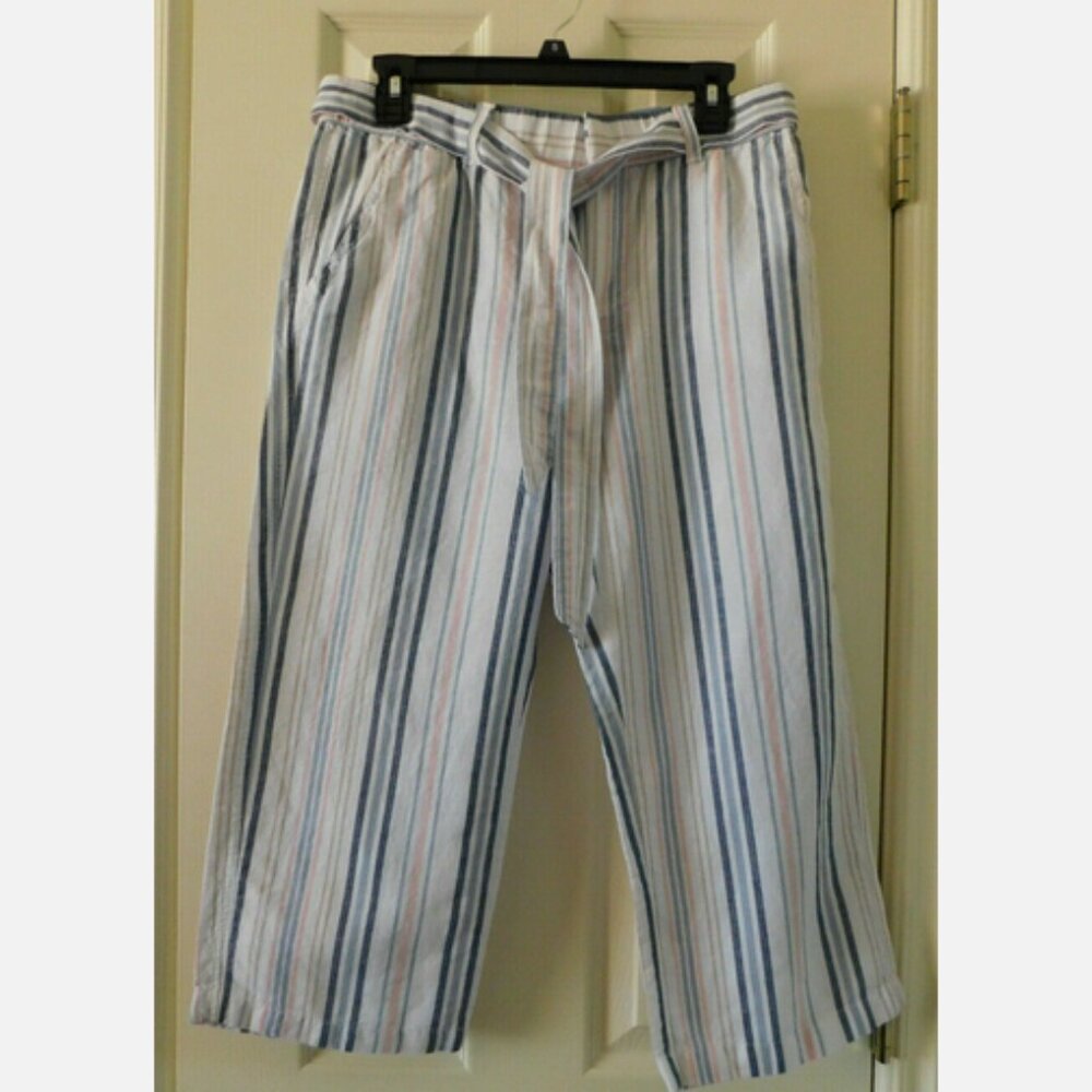 LIZ CLAIBORNE Classic Belted Cropped Wide Leg Pants Stripe Linen Blend  Small
